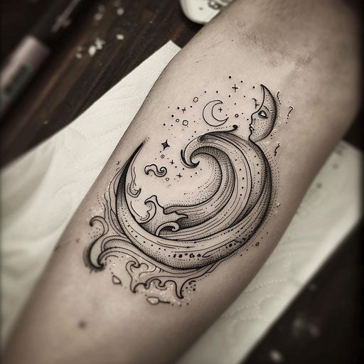 Flat tattoo sketch of a gentle wave with sleep and dreams symbols hidden