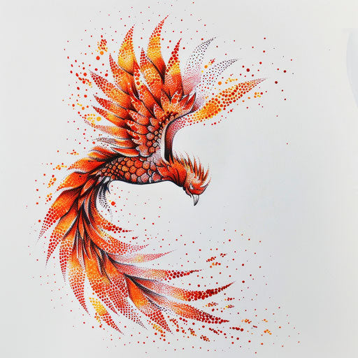 Phoenix rebirth pointillism with red and orange flames