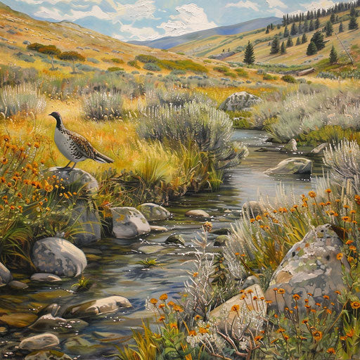Sage grouse by a clear stream, Paul Souders style