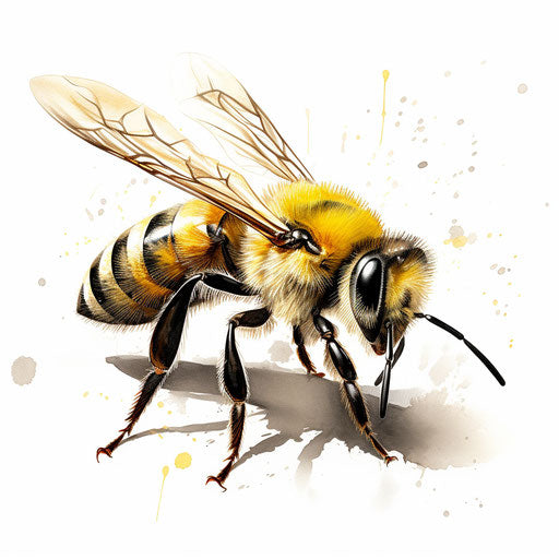 yellow bee on white background, velvety brushwork style, nightmarish illustration