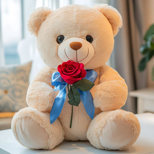 Romantic teddy bear with red rose on white table