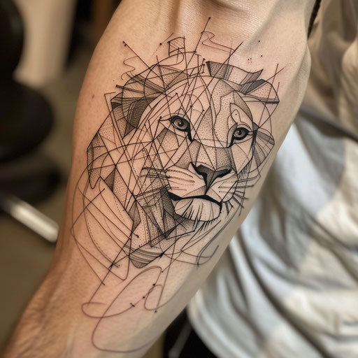 Fine line lion tattoo in the style of Steve McNiven