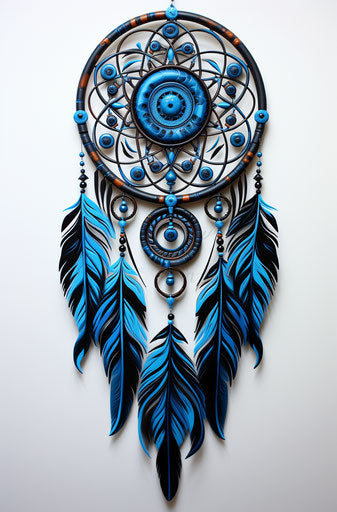Blue dream catcher with blue feathers, woodcut design, black and azure