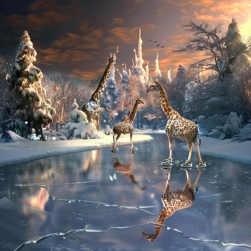Giraffes gracefully gliding on ice