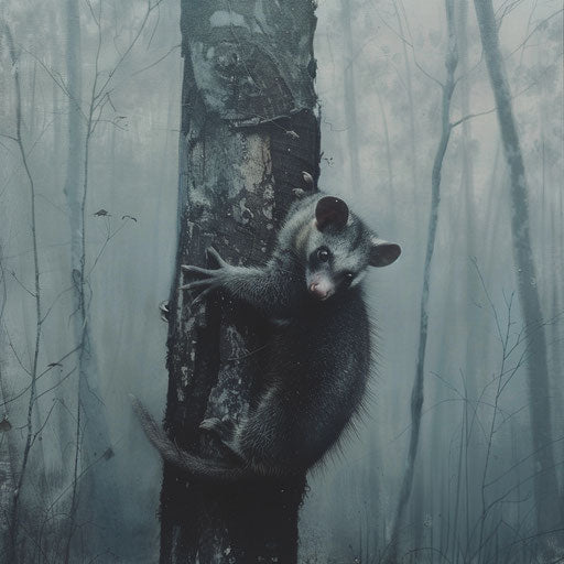 Possum clinging to a tree trunk with a misty background