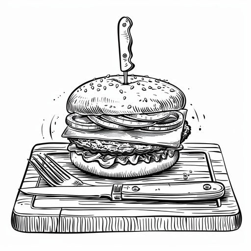 A burger served on a cutting board with a knife and fork beside it. Coloring book page