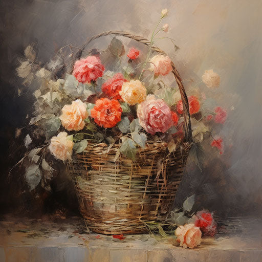 Flowers in wicker basket on dark gray background