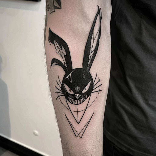 Bold and flat tattoo sketch of a black rabbit with a fierce expression