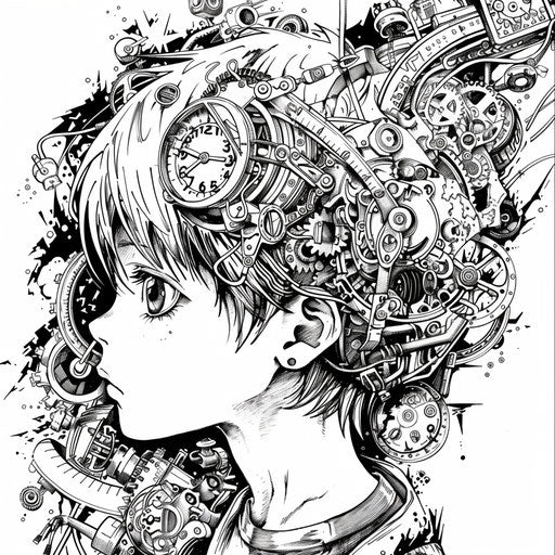 Intricate grunge art tattoo with mechanical and clockwork themes