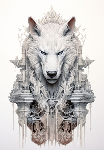 Wolf on stallion's head, intricate gothic pencil work