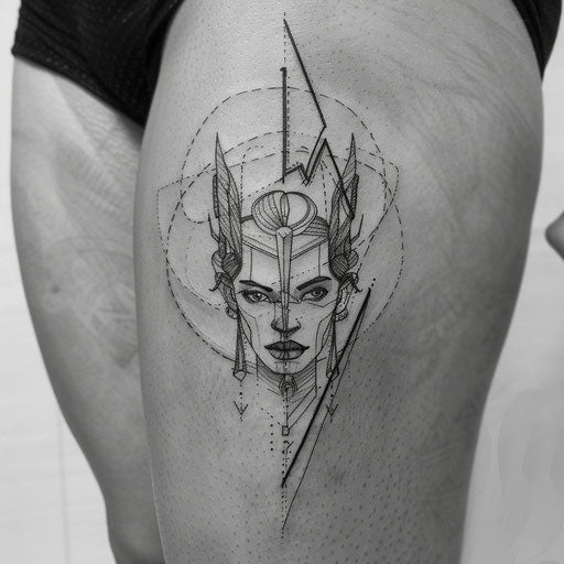 Bold flat tattoo sketch of Artemis with sharp, angular features
