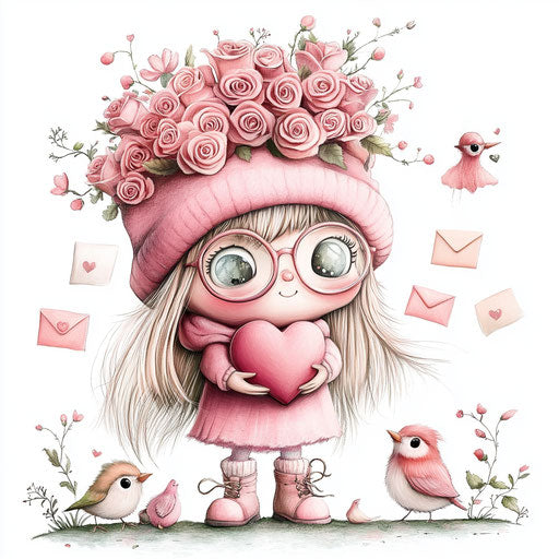 Adorable Valentine gnome girl in pink with hat full of roses, holding heart, wearing glasses and boots, surrounded by love letters and cute birdies, soft pastel colors clipart, big eyes, very detailed, intricate detail