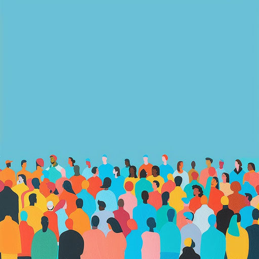Realistic crowd clipart on flat turquoise backdrop