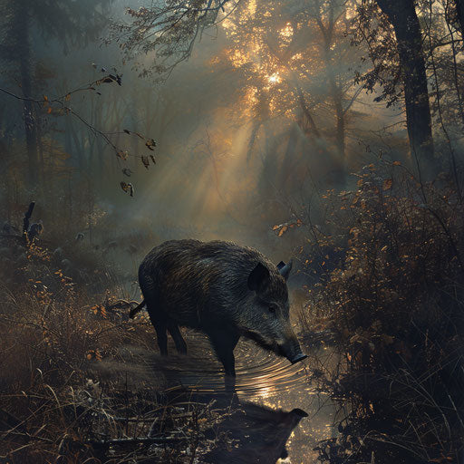 Wild boar in a surreal, dreamlike woodland, in the style of Simen Johan