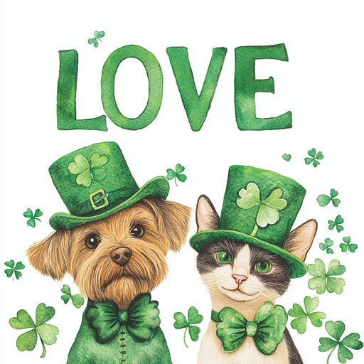 Dog and cat with green hats surrounded by shamrocks