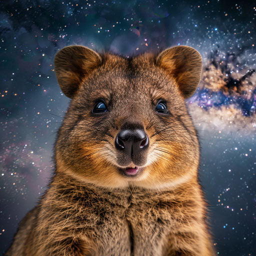 Smiling face of a quokka with the Milky Way in the background