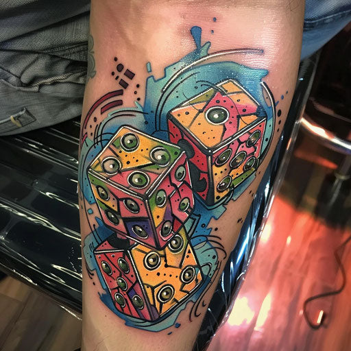 Dice tattoo with futuristic designs, in the style of Humberto Ramos
