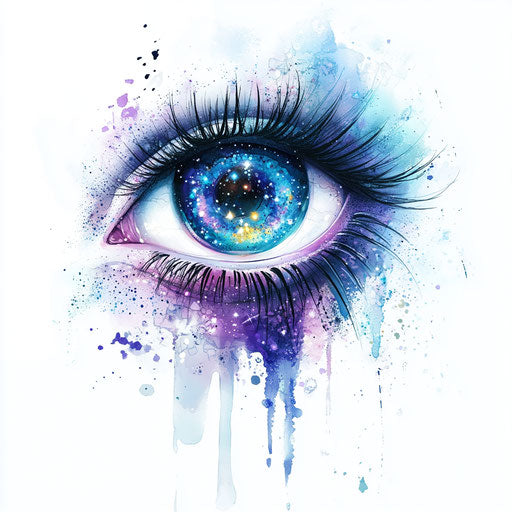 Galaxy reflection eye tattoo on arm, white background