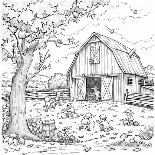 Children playing hide-and-seek around a barn