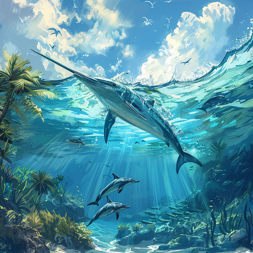 Rapid race of a swordfish and a pod of dolphins in the crystal-clear waters of a tropical sea