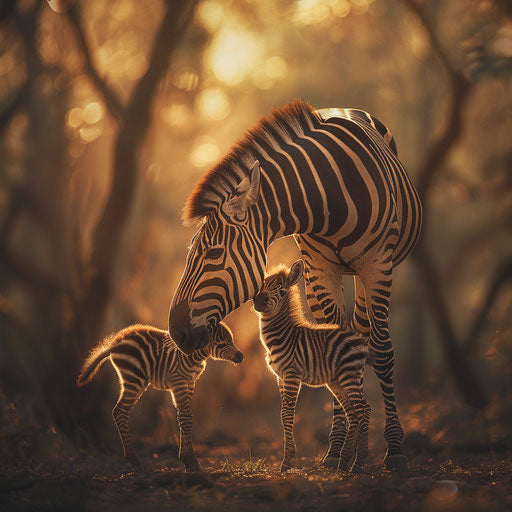 Zebra with foal under soft light, heartwarming moment, in the style of Ashraful Arefin