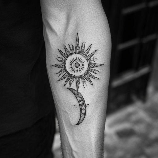 Tribal tattoos for men with tribal sun and moon motif on the forearm