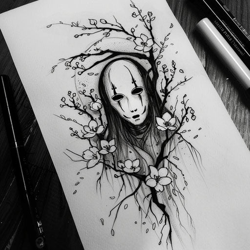 Elegant flat tattoo sketch of No-Face surrounded by ethereal cherry blossoms
