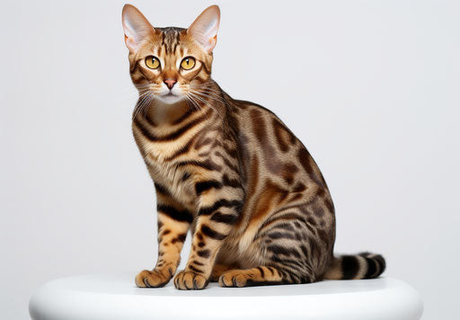 Bengal cat on white table with white background