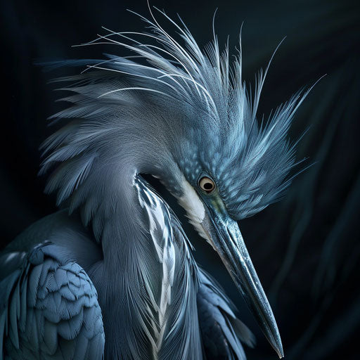 Blue heron with intricate feather details on dark backdrop