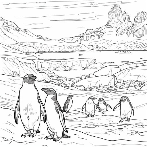 Family of penguins sliding down icy slopes in Antarctica