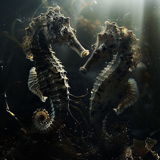 Seahorses with dramatic shadows, dark and moody