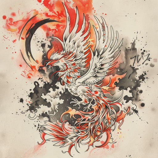 Phoenix rising from flames in a traditional Japanese tattoo