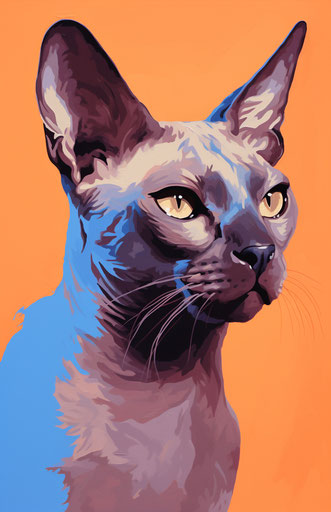 Sphynx cat on orange background, light beige and dark blue