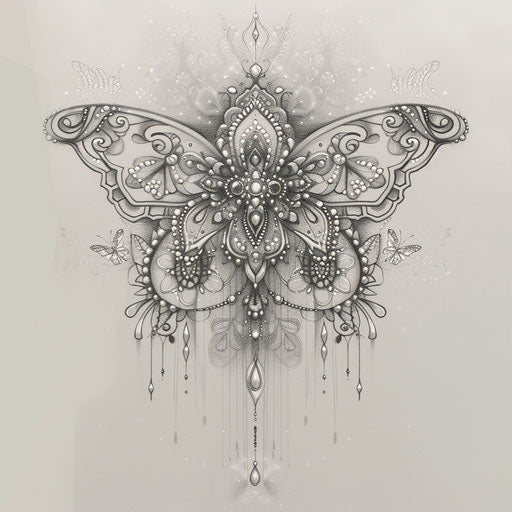 Ethereal lace tattoo sketch, soft glowing depiction