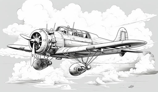 Plane and clouds in sky, meticulous inking style, delicate coloring