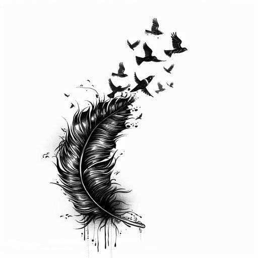 Tattoo sketch of a feather transforming into birds, with dynamic motion, in clipart style, flat black ink