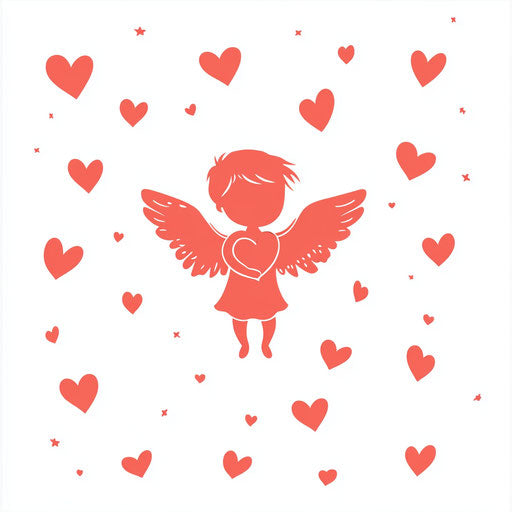 Red silhouette of Cupid with heart on white background