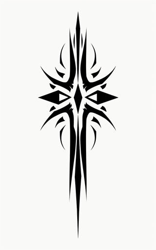 Tribal logo with black cross and arrow, gothic-influenced style, rhythmic lines