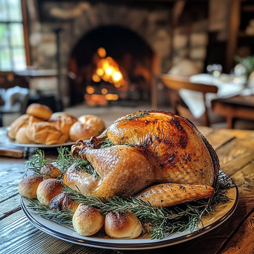 Rustic dining room with golden turkey and crackling fire