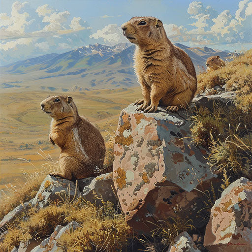 Prairie dogs on a rocky hillside