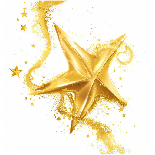 Floating gold star on white background, nerdcore style