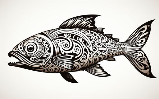 Tattoo designs resembling a big fish, in the style of Maori art, magnified ornamentation 35:22