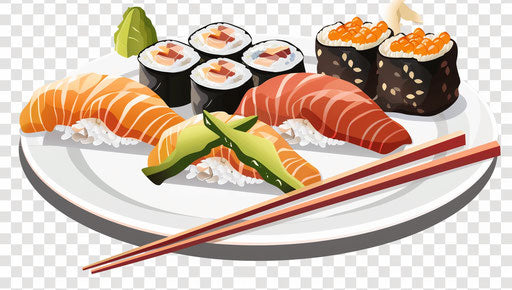 Sushi and sashimi on a plate with chopsticks