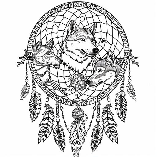 Dream catcher with animal totems like wolves and eagles. Coloring book page