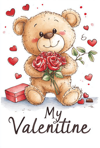 Valentine's Card with Cute Teddy Bear and Roses