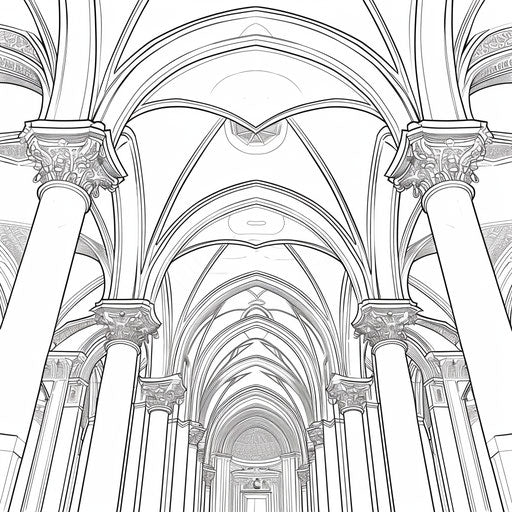 Church with arches and columns, coloring book page