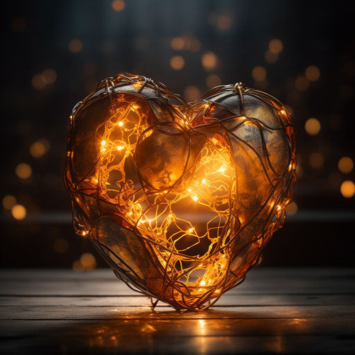 Metal heart on glowing brown and yellow background