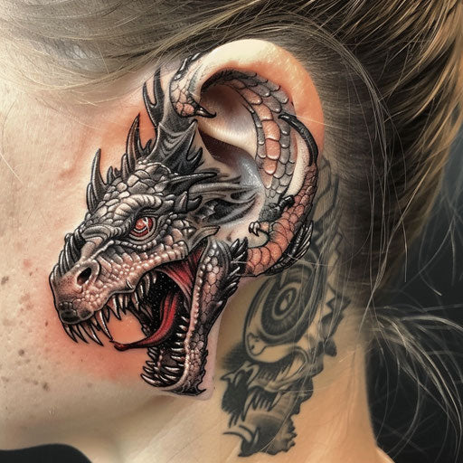 Ear tattoos in the style of Glenn Fabry with realistic dragons