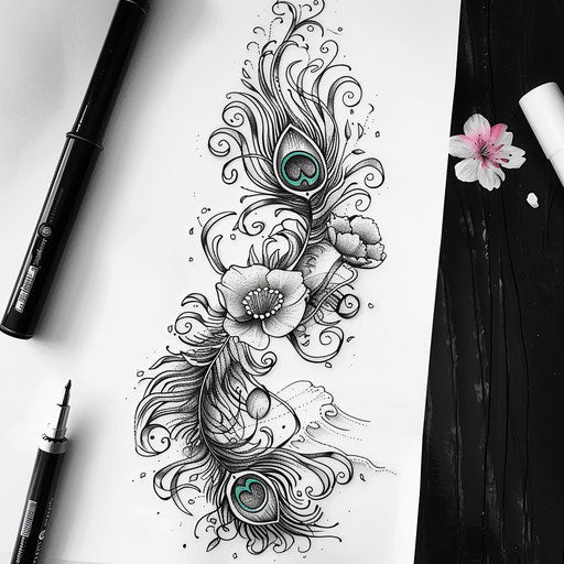 Japanese-inspired peacock feather tattoo sketch