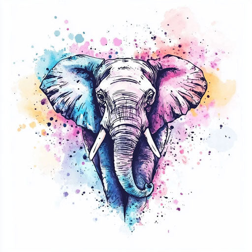Small cartoon elephant tattoo with watercolor splash on white